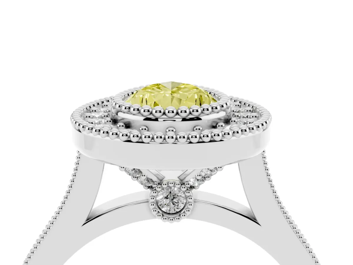Fancy Yellow Pear Cut Diamond Halo Ring with Milgrain Frame and Pavé Band White gold