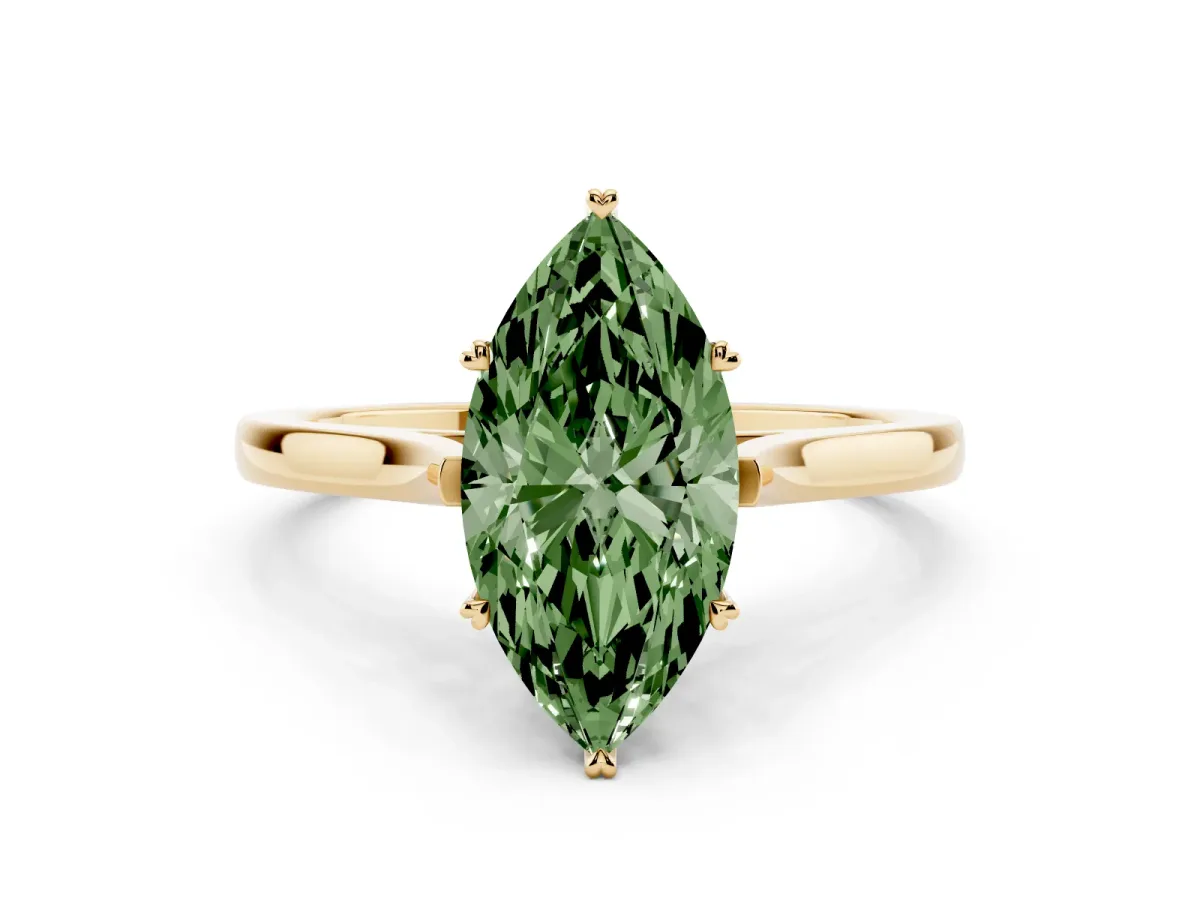 Fancy Green Marquise Cut Solitaire Heart Prong Engagement Ring with Tapered Band Yellow gold