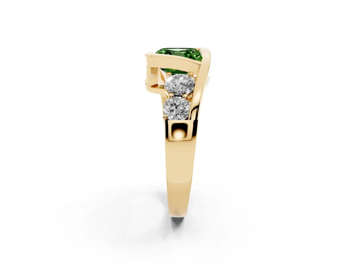 Fancy Green Bezel Set Asscher Cut Diamond Bypass Ring with Round Accents Yellow gold