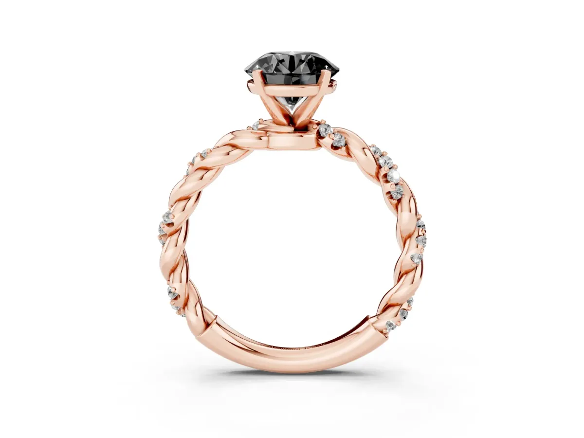 Fancy Black Round Cut Diamond Solitaire Ring with Twisted Band and Pavé Accents Rose gold