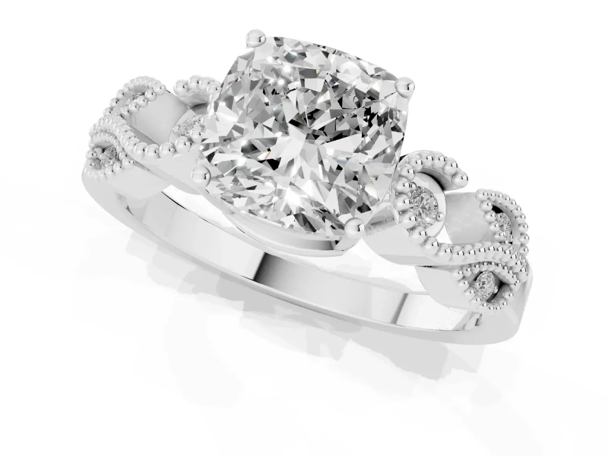 Cushion Cut Solitaire Milgrain Leaf Band with Prong Setting White gold