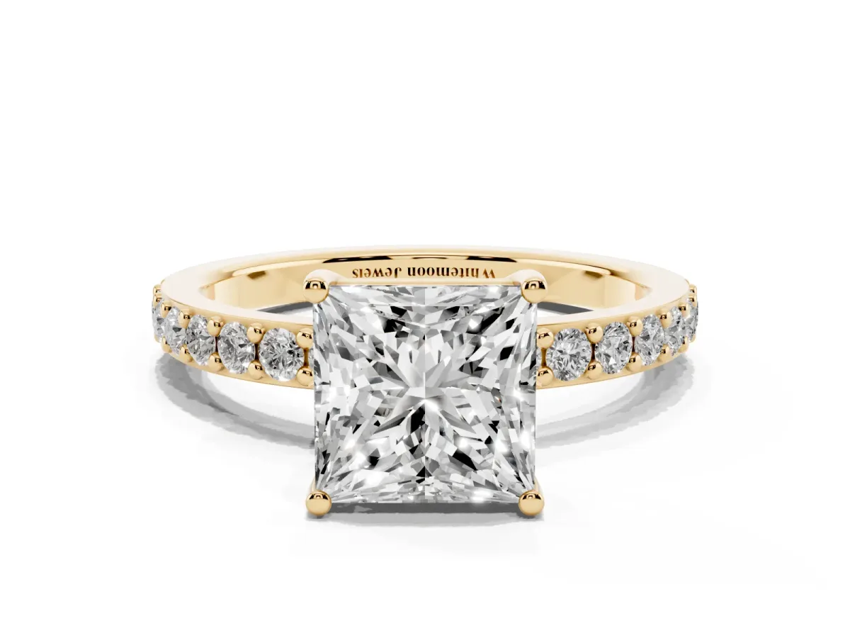 Princess Cut Cut Diamond Solitaire with Pave Band and Four-Prong Setting Yellow gold