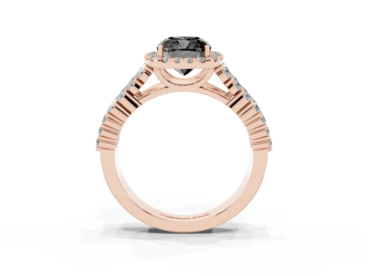 Fancy Black Cushion Cut Diamond Halo Engagement Ring with Triple Row Round Pavé Band and Prong Setting Rose gold