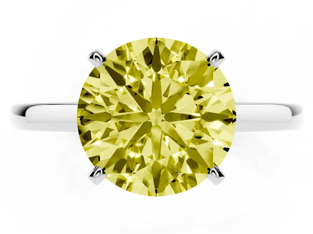 Fancy Yellow Round Cut Solitaire Diamond Engagement Ring with Four-Prong Setting on a Classic Band Platinum