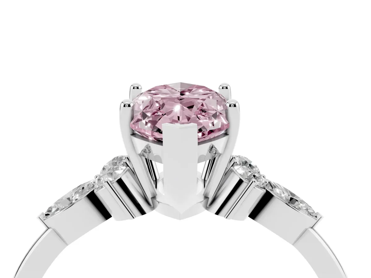 Fancy Pink Marquise Cut Brilliant Diamond Solitaire Ring with Pear Side Stones and Four-Prong Setting Silver