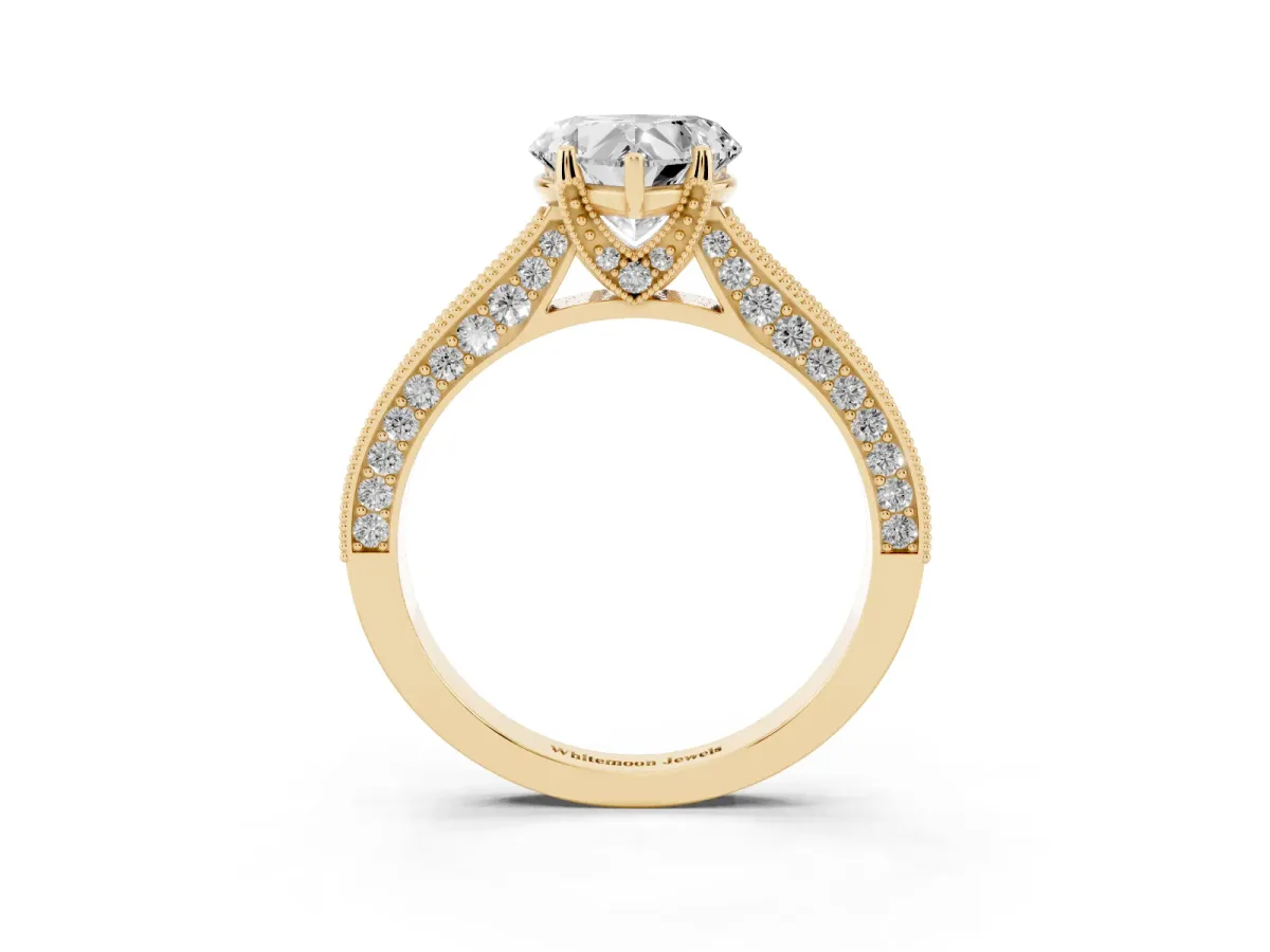 Heart Cut Cut Diamond Solitaire Ring with Milgrain Pave Band and Four Prong Setting Yellow gold