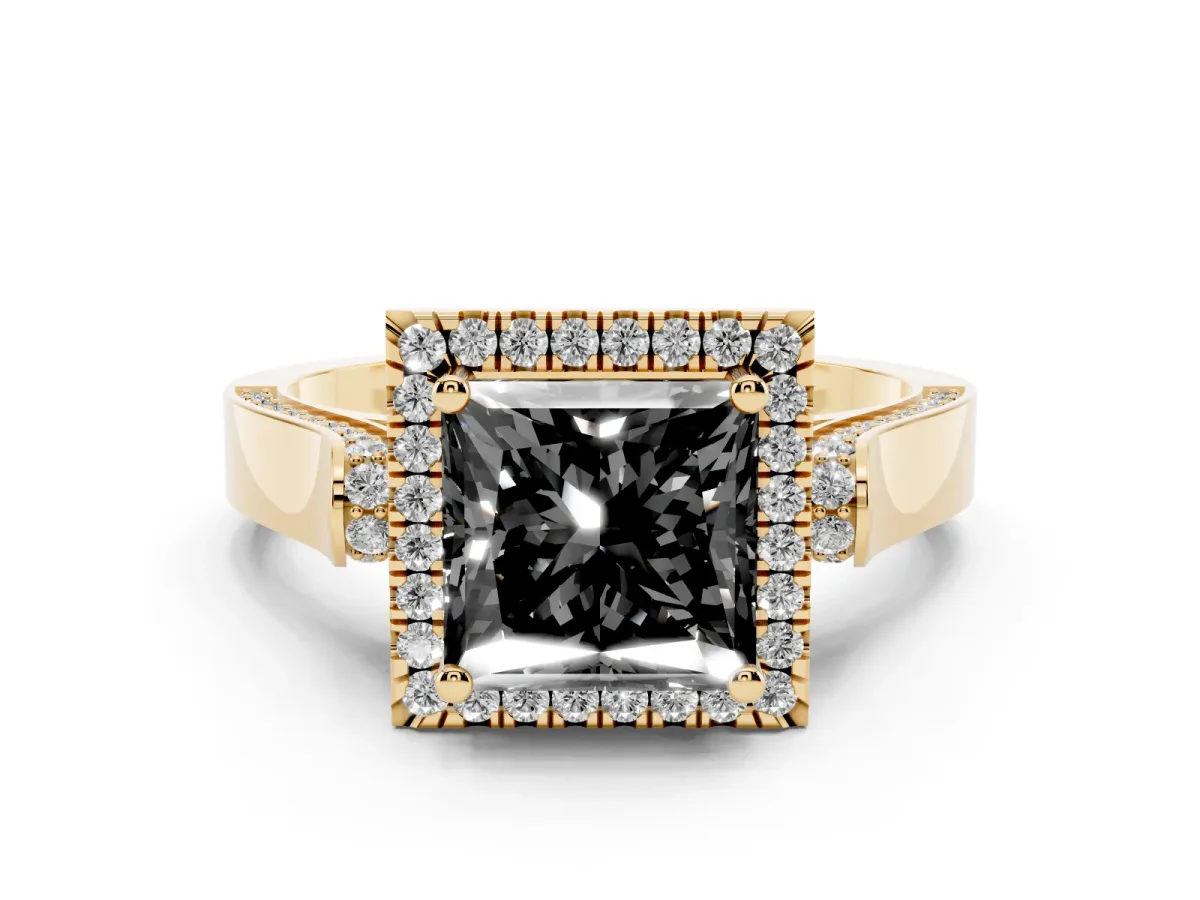 Fancy Black Princess Cut Halo Round Diamond Twist Band with Four-Prong Setting Yellow gold
