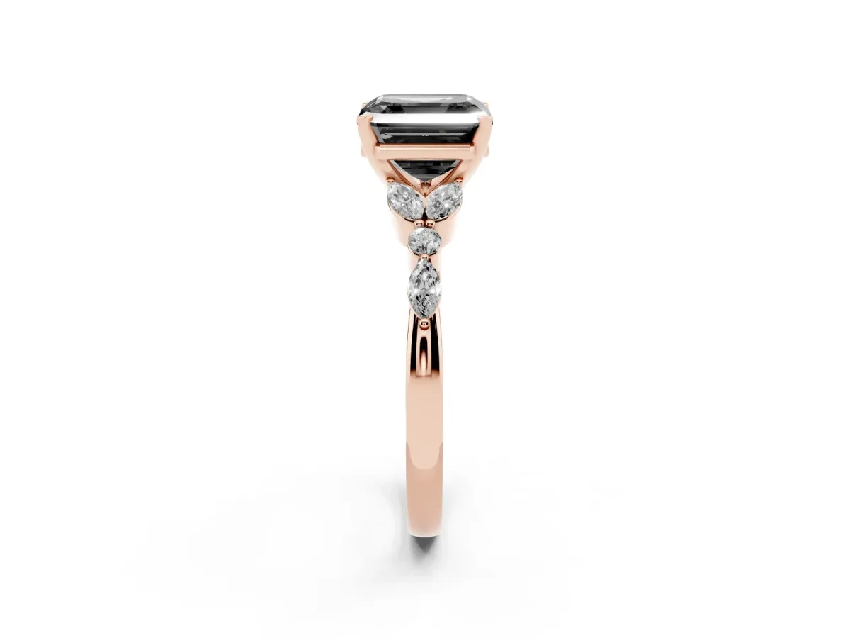 Fancy Black Asscher Cut Diamond Solitaire Ring with Side Stones and Four-Prong Setting Rose gold