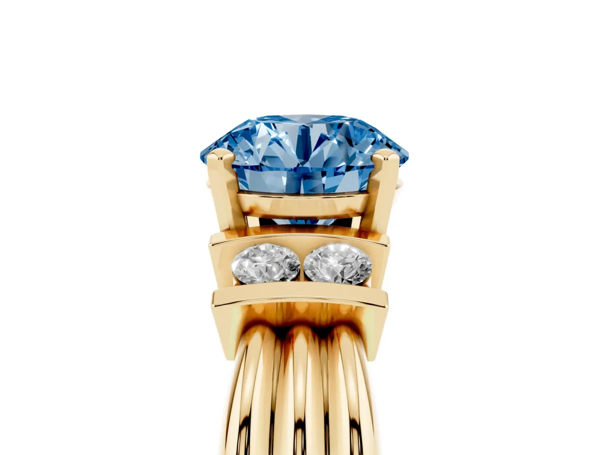 Fancy Blue Round Cut Cut Three-Stone Channel Set Ring with Bar Prongs Yellow gold
