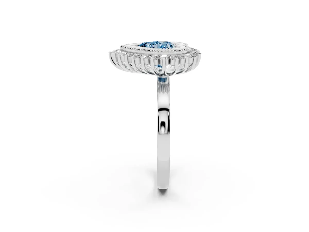 Fancy Blue Heart Cut Halo Diamond Ring with Milgrain Edge and Round Prong Setting Silver