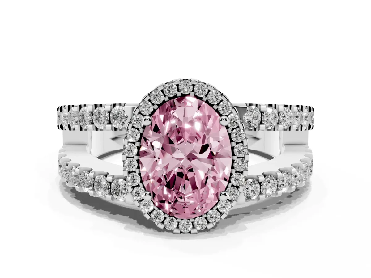Fancy Pink Oval Cut Cut Halo Split Shank Diamond Ring with Four-Prong Setting Silver