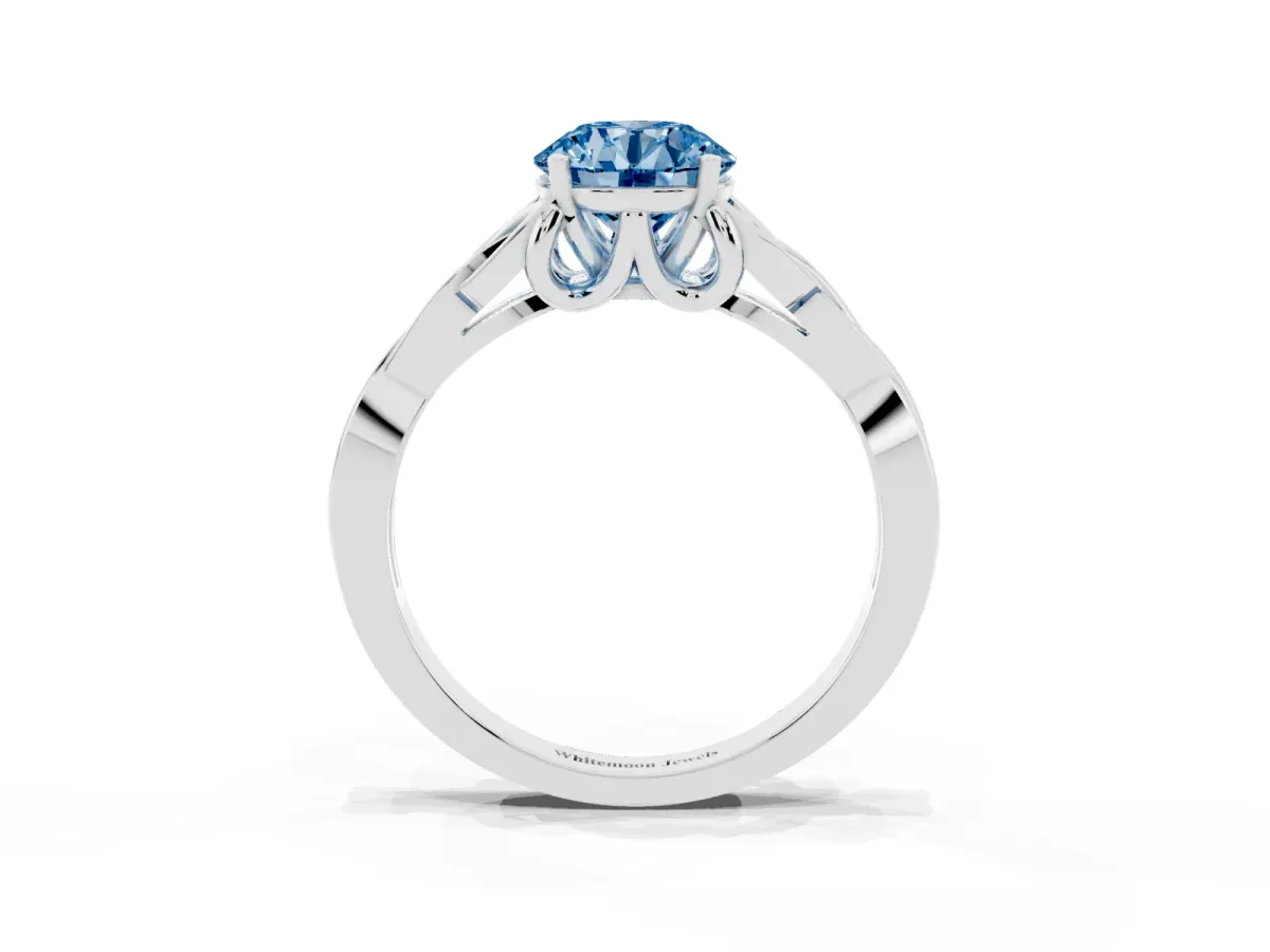 Fancy Blue Round Cut Diamond Solitaire Engagement Ring with Celtic Knot Band and Four-Prong Setting Silver