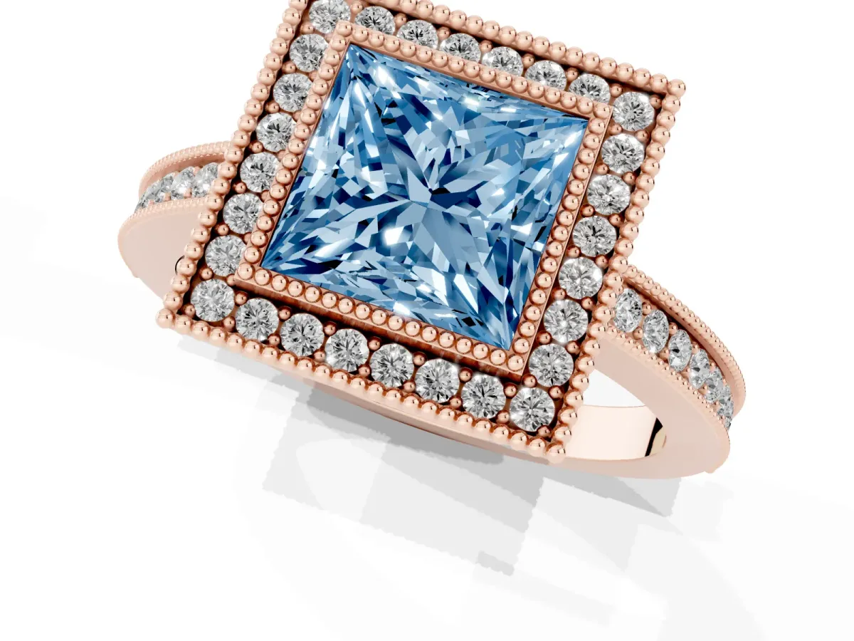 Fancy Blue Princess Cut Cut Halo Diamond Ring with Pavé Band and Milgrain Prong Setting Rose gold