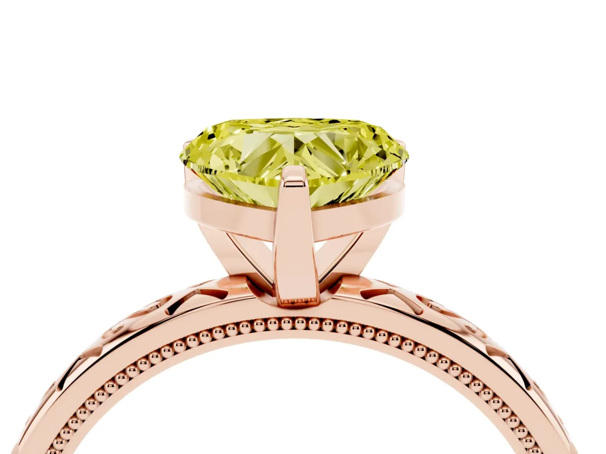 Fancy Yellow Heart Cut Solitaire Engagement Ring with Scrollwork Band and Four-Prong Setting Rose gold