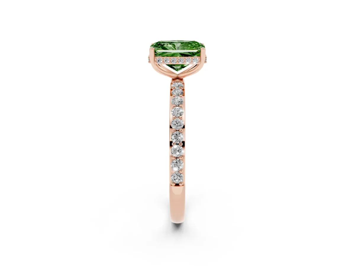 Fancy Green Radiant Cut Diamond Solitaire Ring with Pavé Band and Hidden Halo Rose gold