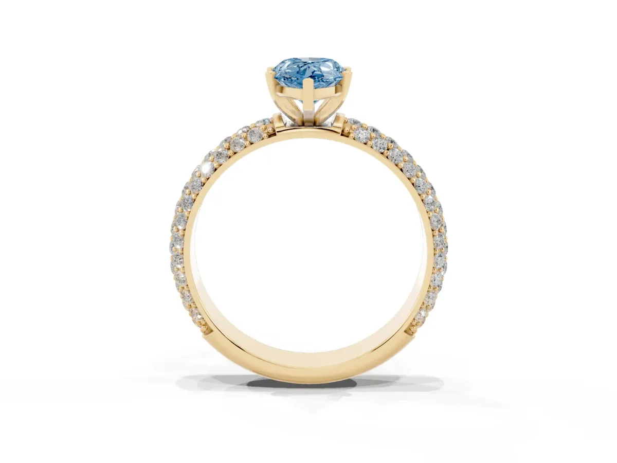 Fancy Blue Pear Cut Diamond Solitaire Ring with Prong Setting and Pavé Band Yellow gold