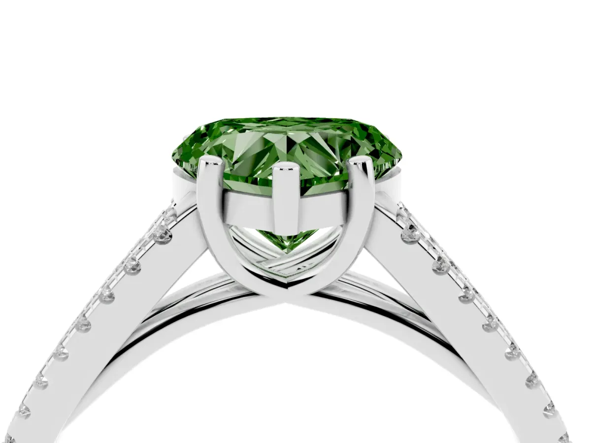 Fancy Green Heart Cut Diamond Solitaire Engagement Ring with Split Shank Pavé Band Silver