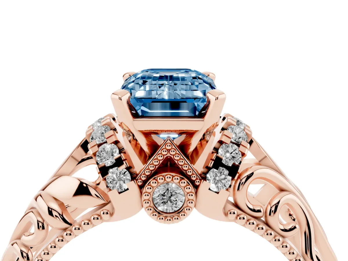 Fancy Blue Emerald Cut Solitaire Filigree Engagement Ring with Halo and Prong Setting Rose gold