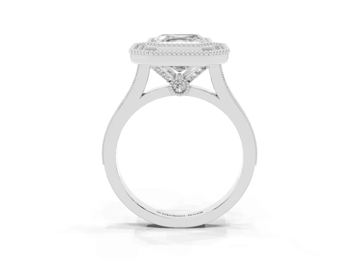 Asscher Cut Diamond Halo Ring with Milgrain Frame and Pavé Band Silver
