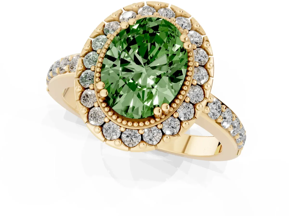 Fancy Green Oval Cut Diamond Halo Ring with Pavé Band and Prong Setting Yellow gold
