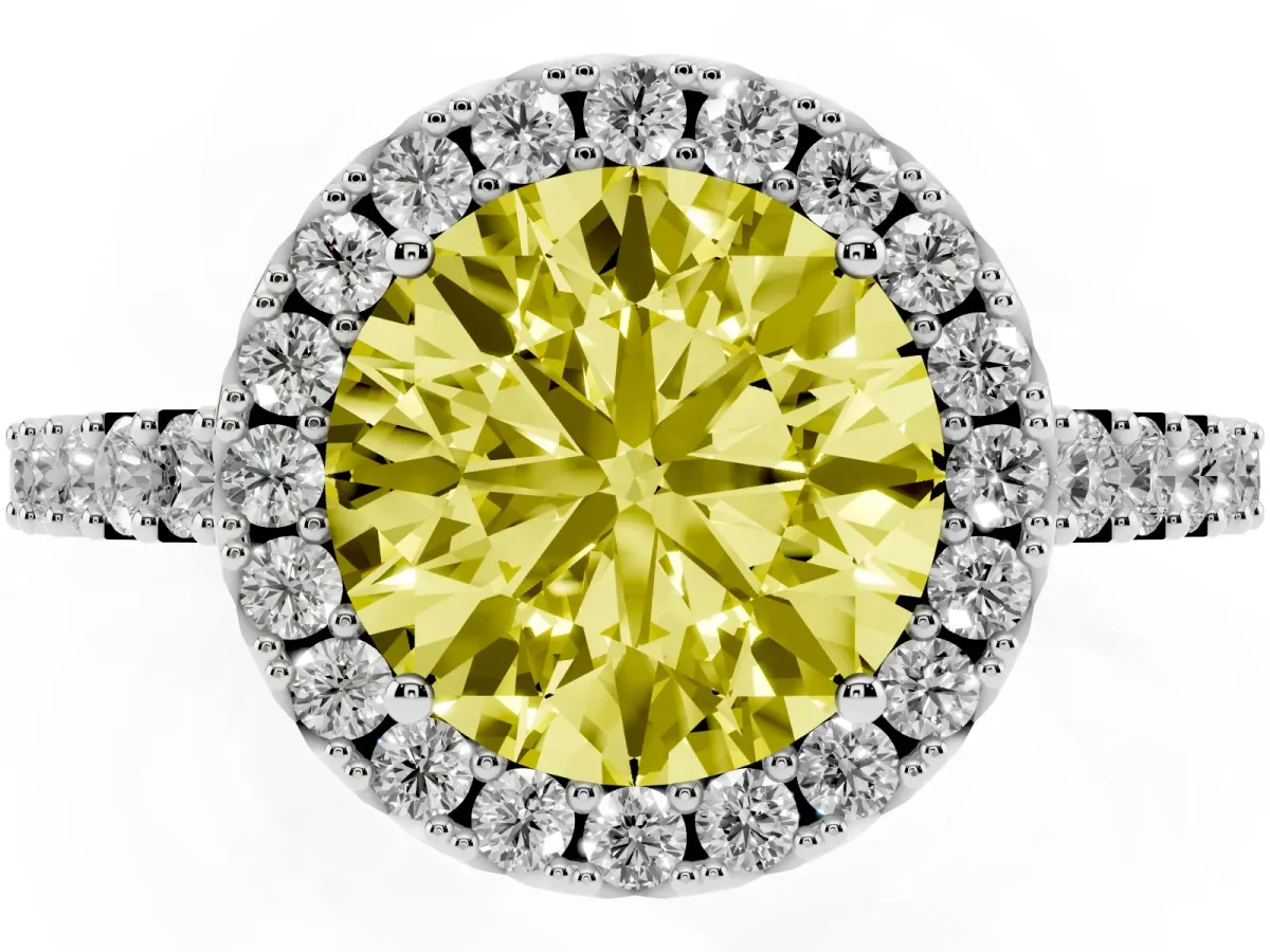 Fancy Yellow Round Cut Halo Diamond Pavé Solitaire Ring Platinum