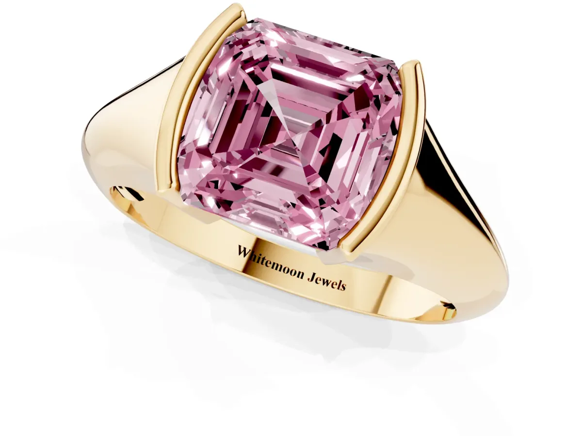 Fancy Pink Asscher Cut Solitaire Tension Set Diamond Ring Yellow gold