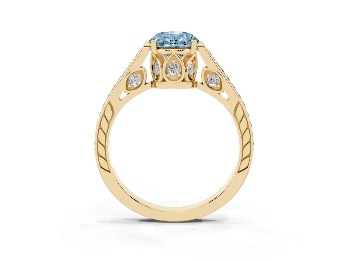 Fancy Blue Oval Cut Cut Cathedral Pave Diamond Engagement Ring with Six-Prong Setting Yellow gold