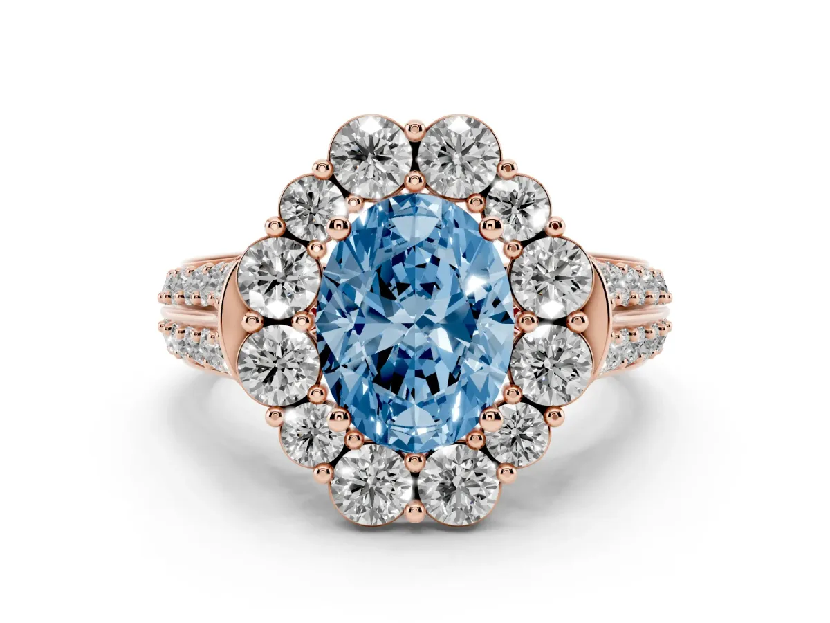 Fancy Blue Oval Cut Halo Diamond Engagement Ring with Split Shank and Prong Setting Rose gold