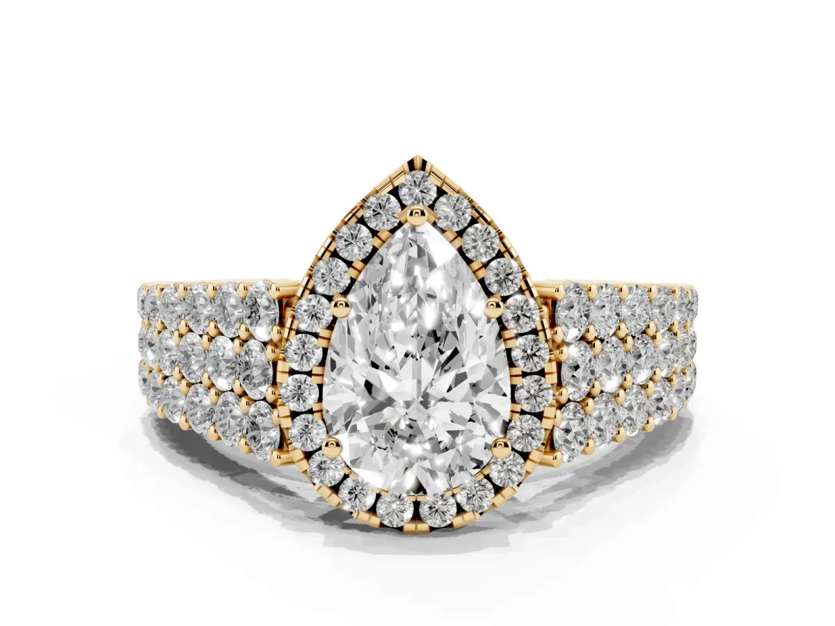 Pear Cut Diamond Halo Engagement Ring with Triple Row Round Pavé Band and Prong Setting Yellow gold