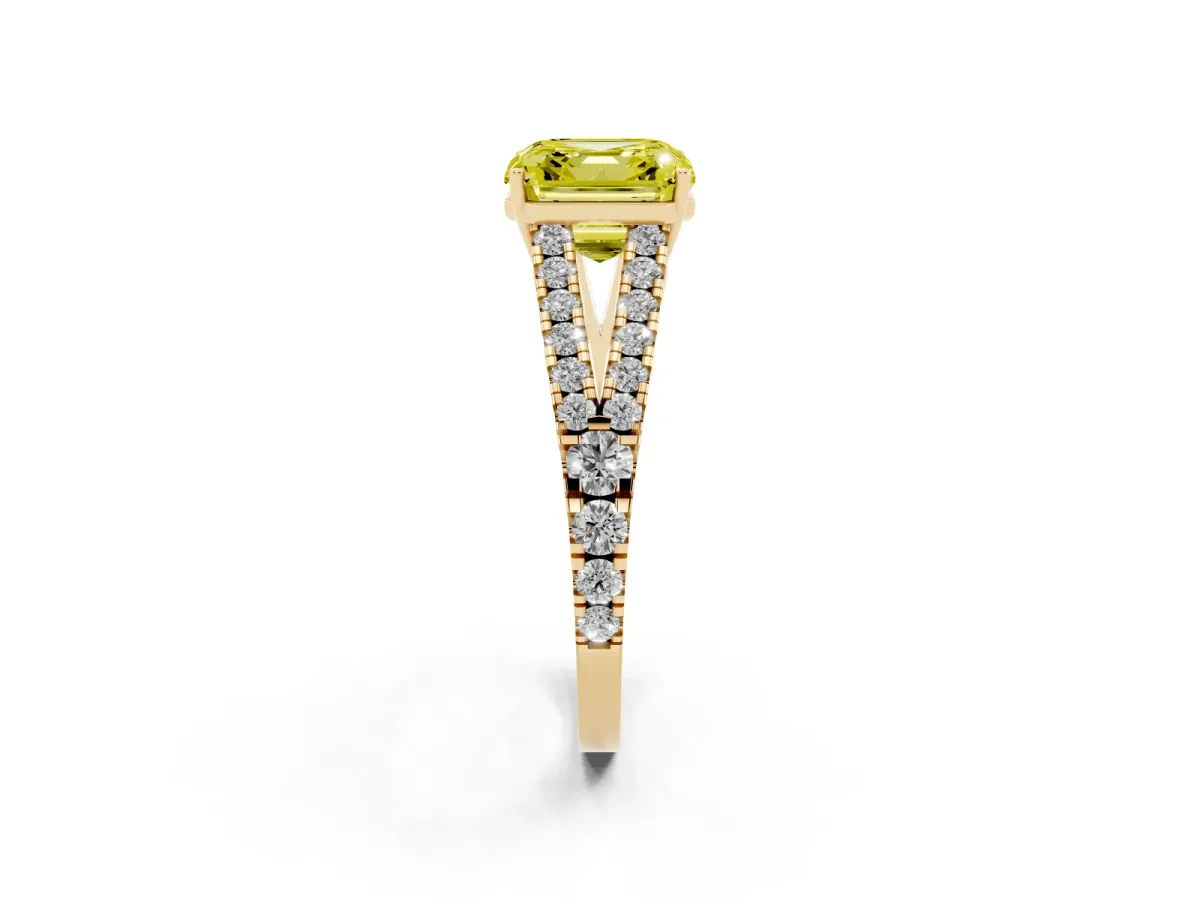 Fancy Yellow Asscher Cut Diamond Split Shank Engagement Ring with Round Pavé and Prong Setting Yellow gold