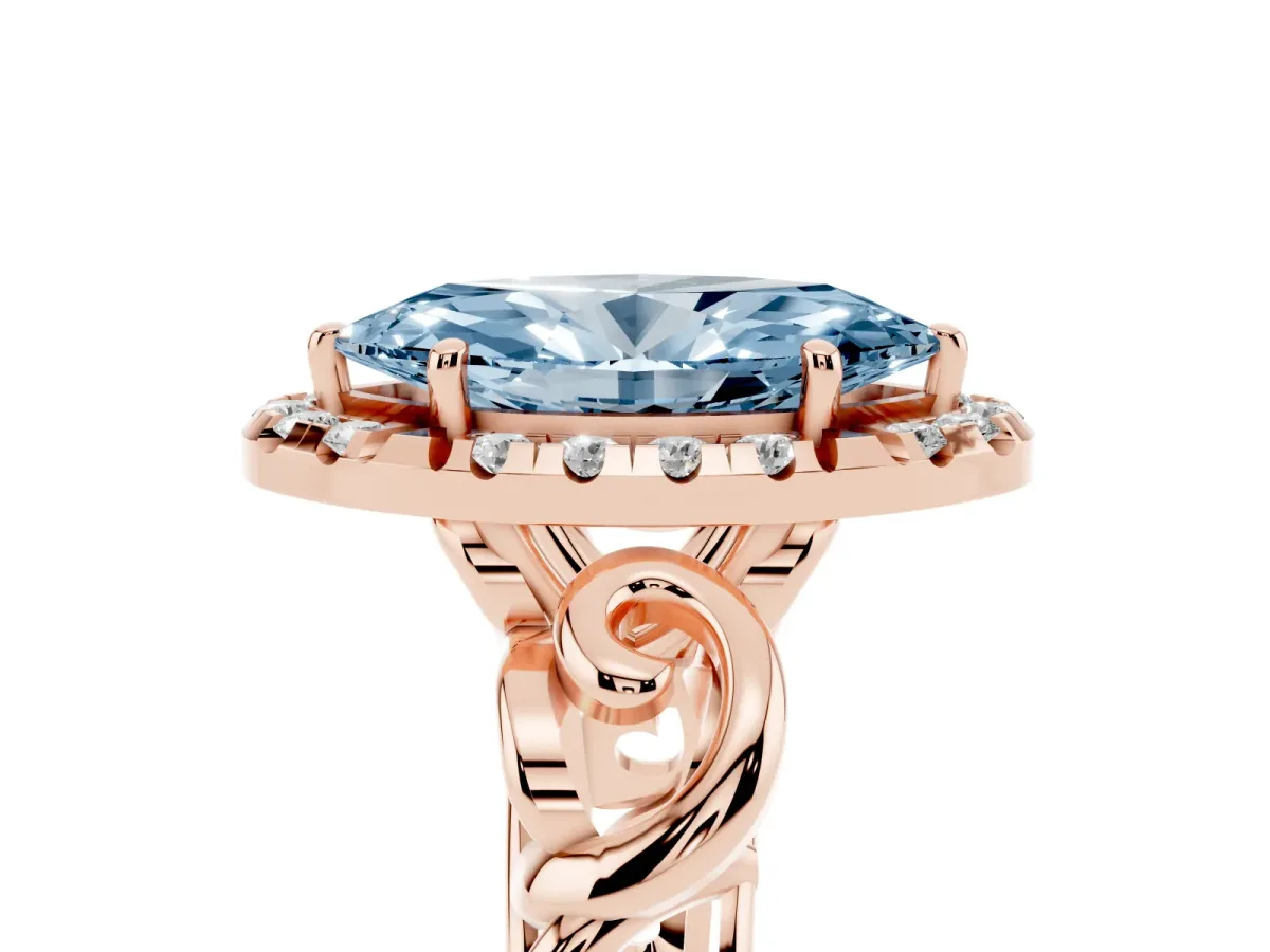 Fancy Blue Marquise Cut Cut Halo Diamond Ring with Scrollwork Band and Four-Prong Setting Rose gold