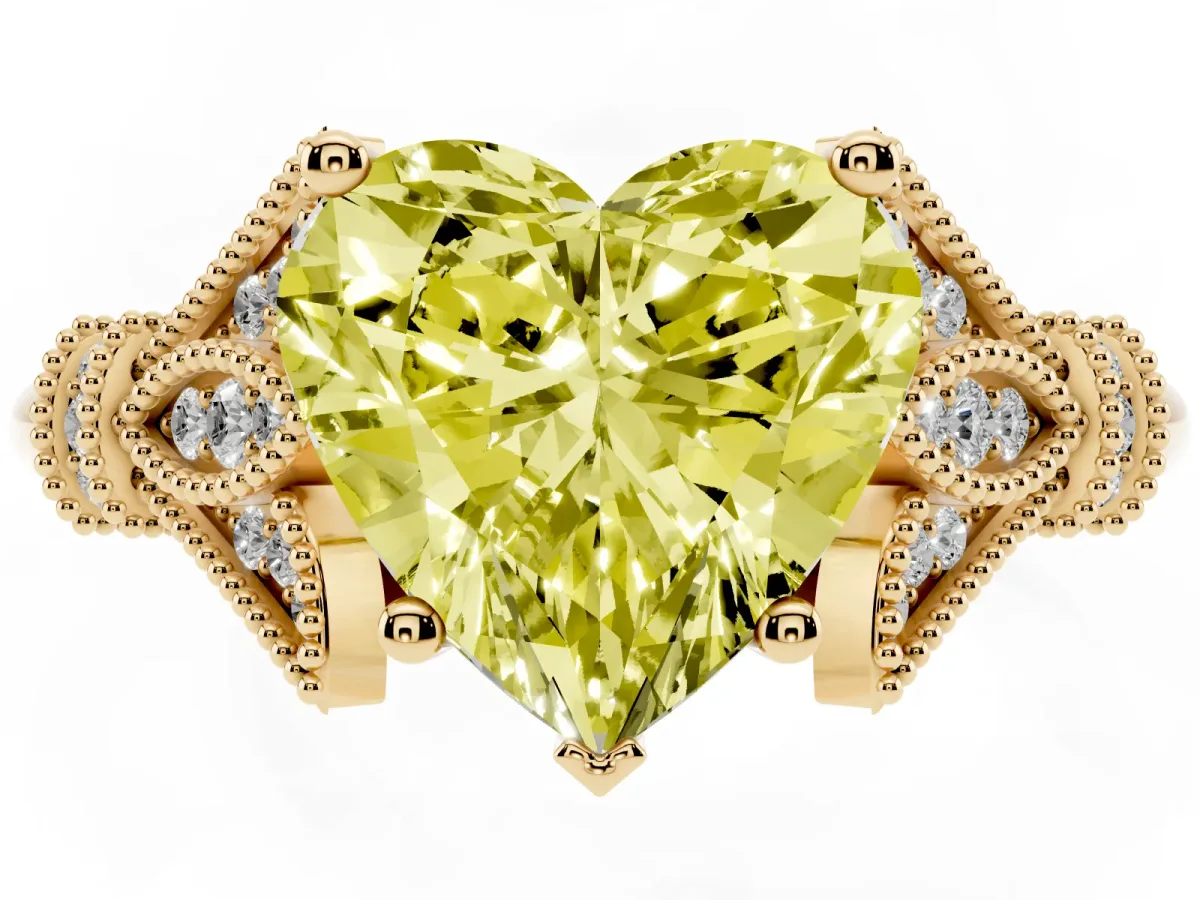 Fancy Yellow Heart Cut Diamond Solitaire Ring with Floral Filigree and Pave Accents Yellow gold