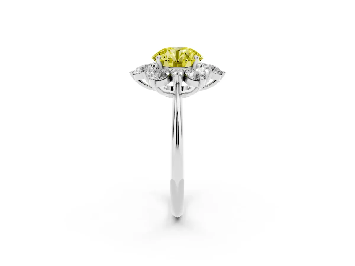 Fancy Yellow Round Cut Diamond Cluster Halo Ring with Solitaire Band and Four-Prong Setting White gold