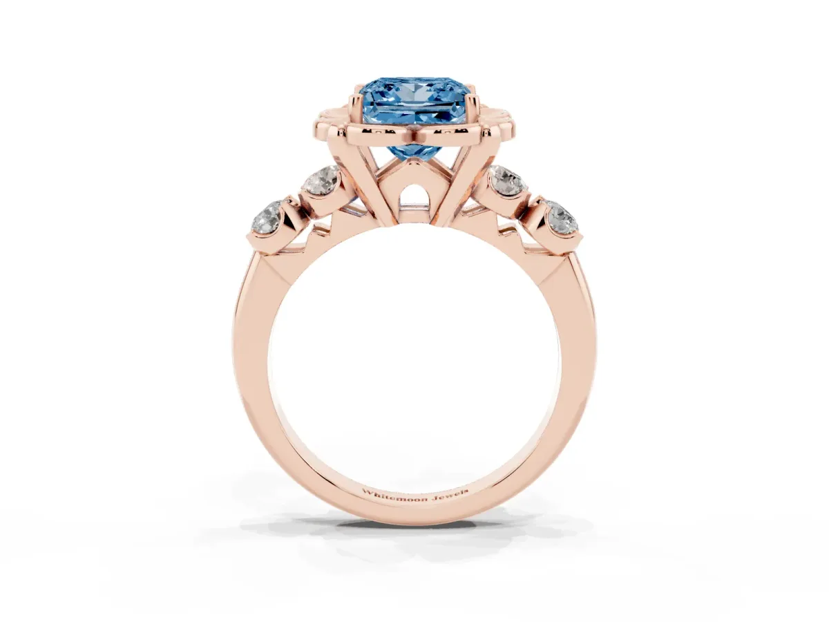 Fancy Blue Princess Cut Cut Diamond Floral Halo Engagement Ring with Shared Prong Setting Rose gold