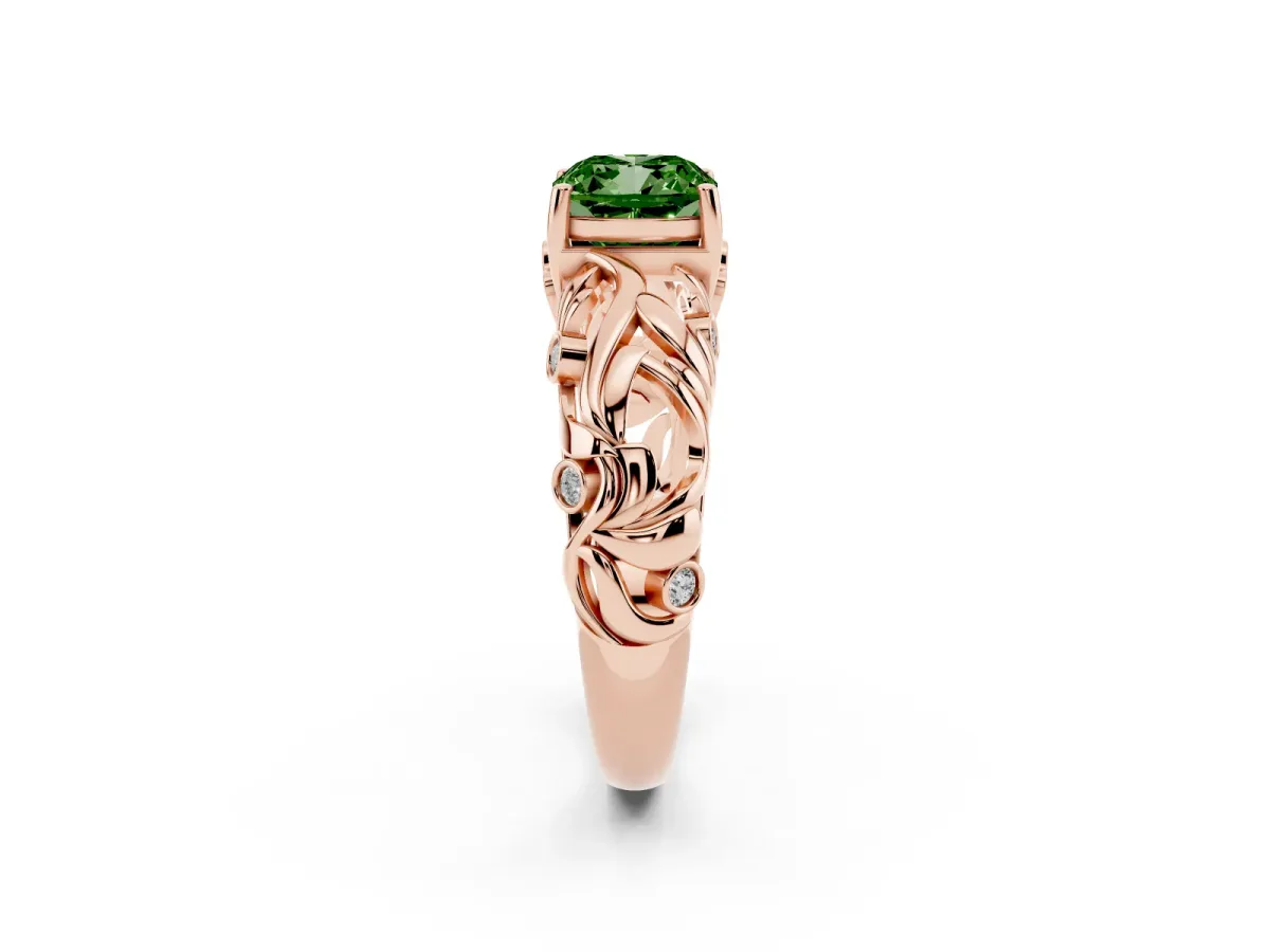 Fancy Green Cushion Cut Solitaire Diamond Leaf-Inspired Vine Band Ring with Prong Setting Rose gold