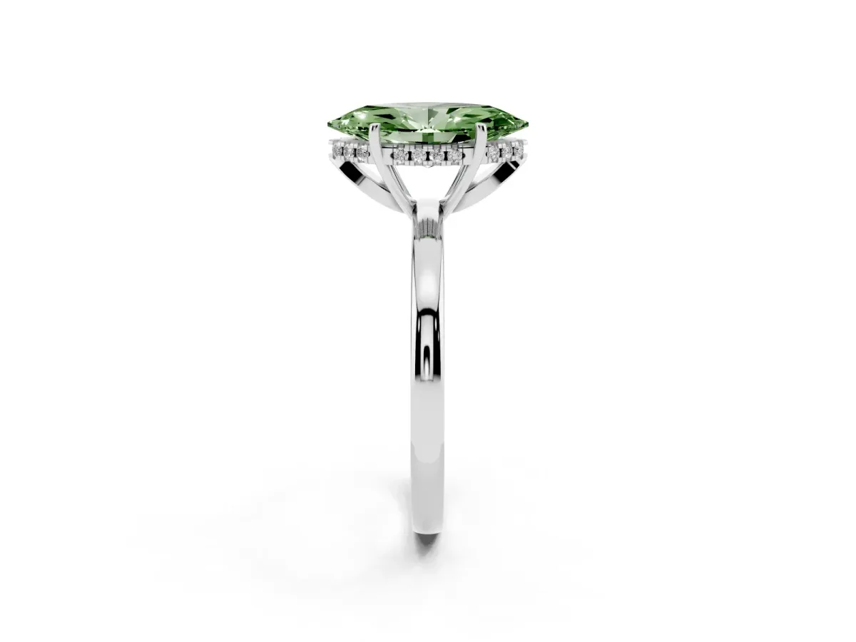 Fancy Green Marquise Cut Solitaire Diamond Ring with Prong Setting and Plain Band Silver