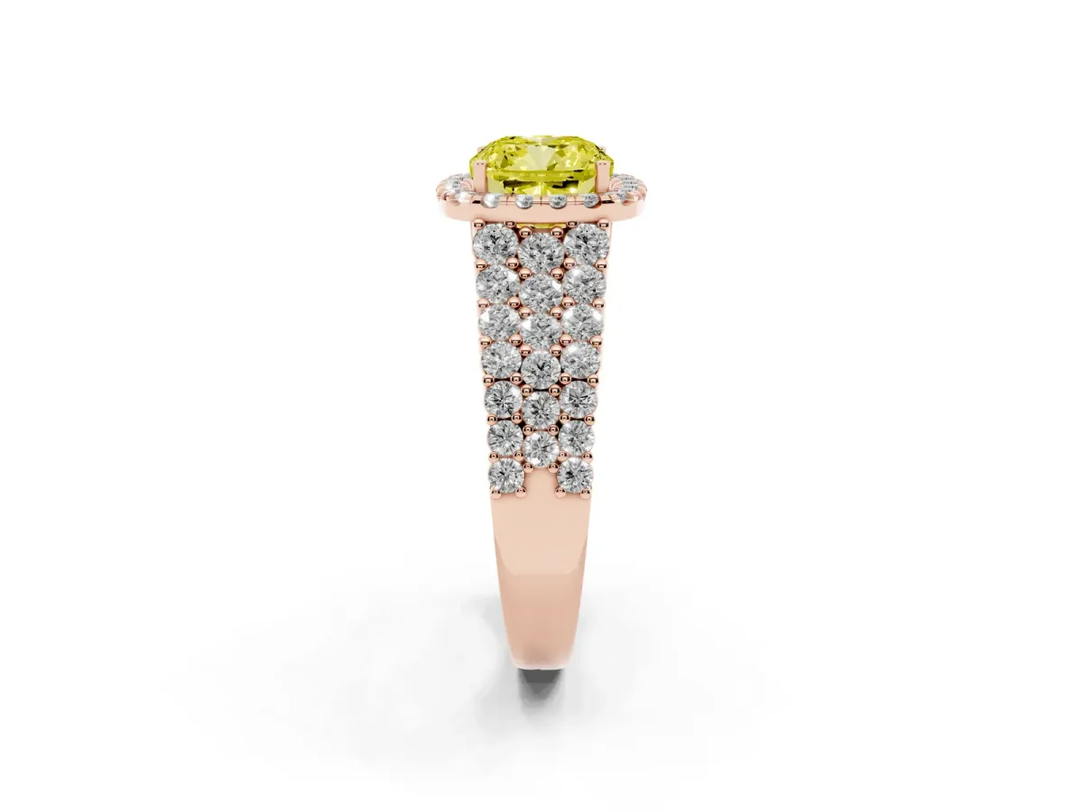 Fancy Yellow Cushion Cut Diamond Halo Engagement Ring with Triple Row Round Pavé Band and Prong Setting Rose gold