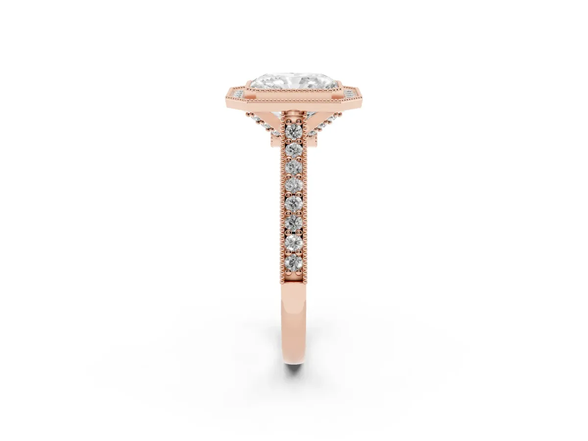 Halo Radiant Cut-Cut Diamond Pave Band Milgrain Prong Setting Ring Rose gold