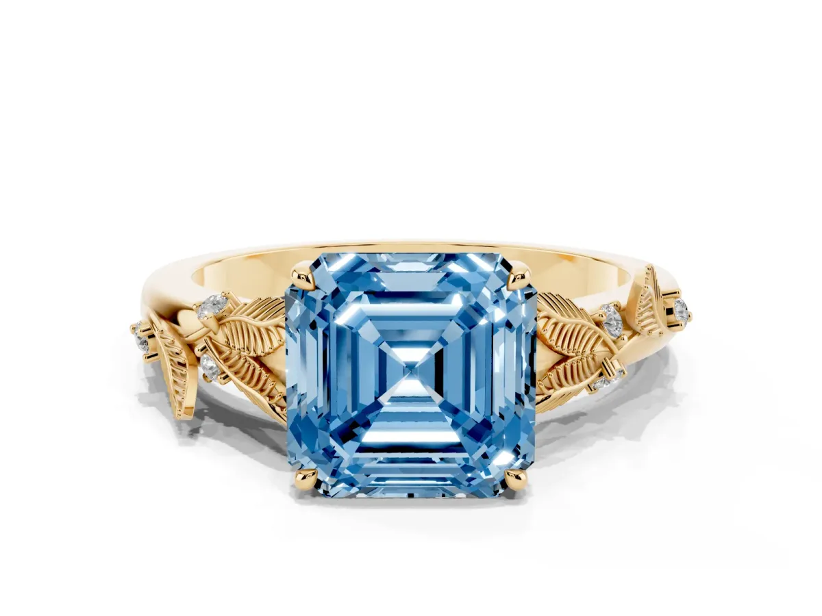 Fancy Blue Asscher Cut Diamond Solitaire Ring with Leaf Motif Band and Four-Prong Setting Yellow gold