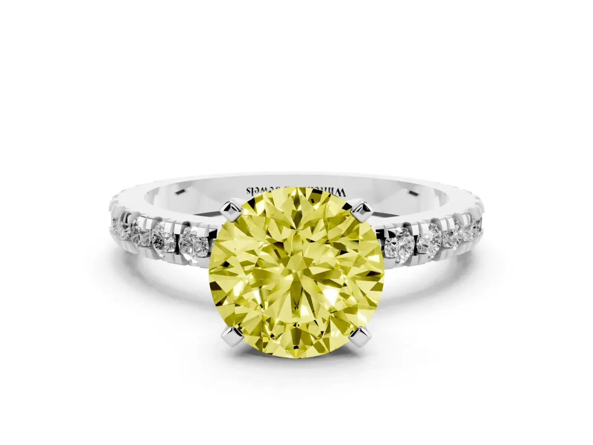 Fancy Yellow Round Cut Diamond Pavé Band Solitaire with Four-Prong Setting Silver