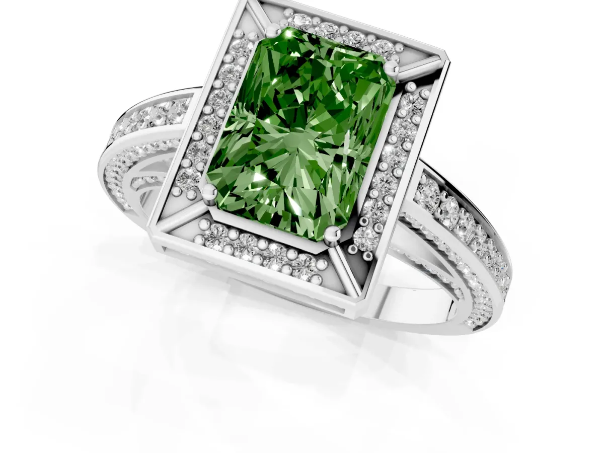 Fancy Green Radiant Cut Cut Halo Pave Split Shank Prong Setting Ring Silver
