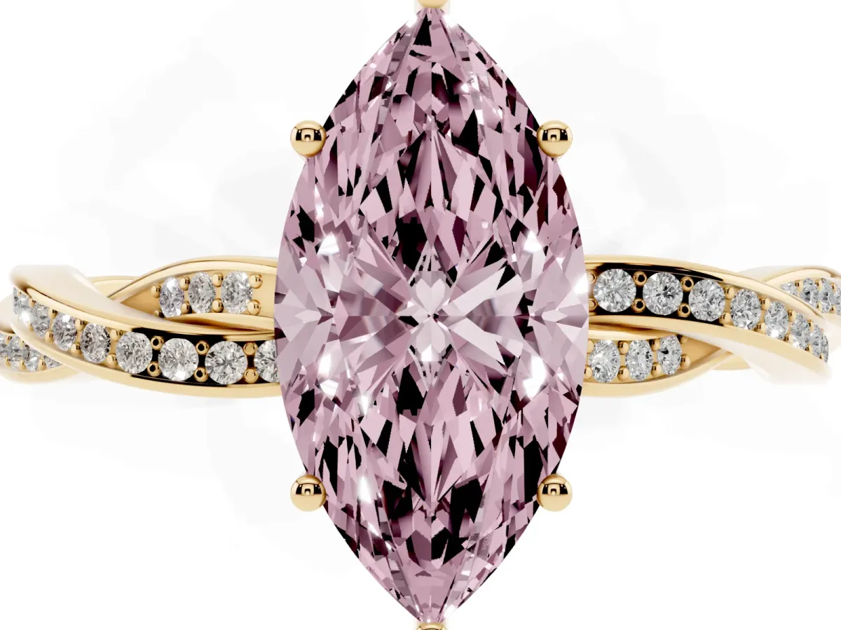 Fancy Pink Marquise Cut Solitaire Twisted Pave Diamond Ring with Four-Prong Setting Yellow gold