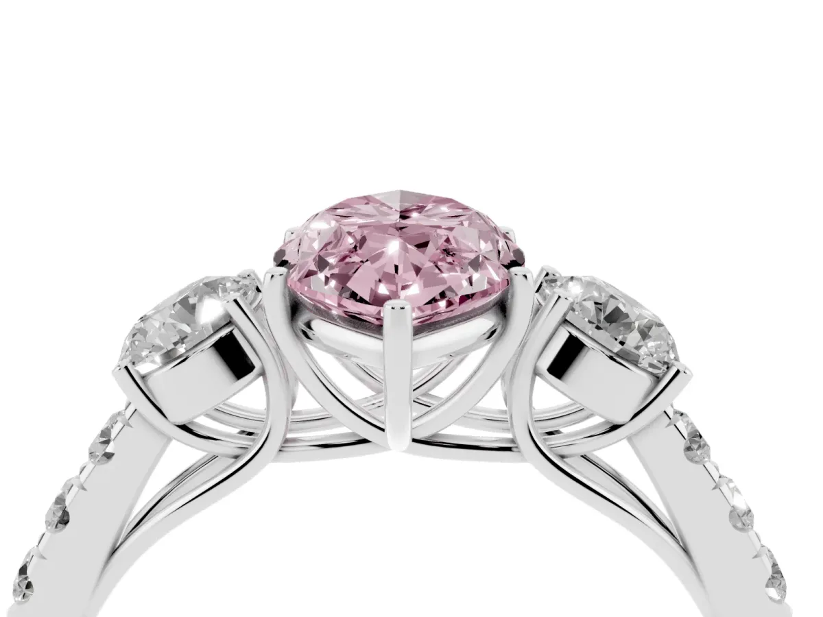Fancy Pink Marquise Cut Cut Diamond Three-Stone Ring with Round Side Stones and Pavé Band White gold