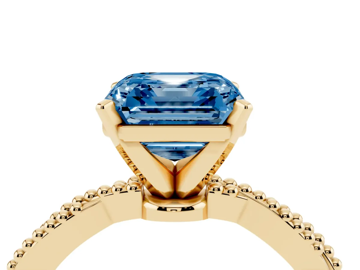 Fancy Blue Asscher Cut Solitaire Twisted Band with Bead Prong Setting Yellow gold