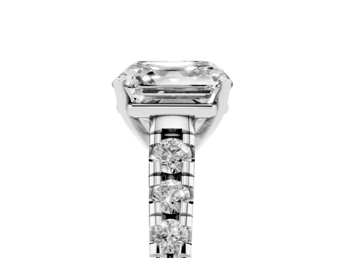 Asscher Cut Diamond Cathedral Solitaire Ring with Round Pavé Band Silver