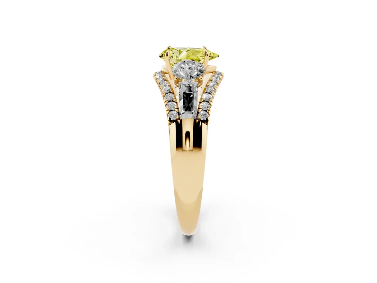 Fancy Yellow Three-Stone Pear Cut Diamond Engagement Ring with Pave Band and Prong Setting Yellow gold