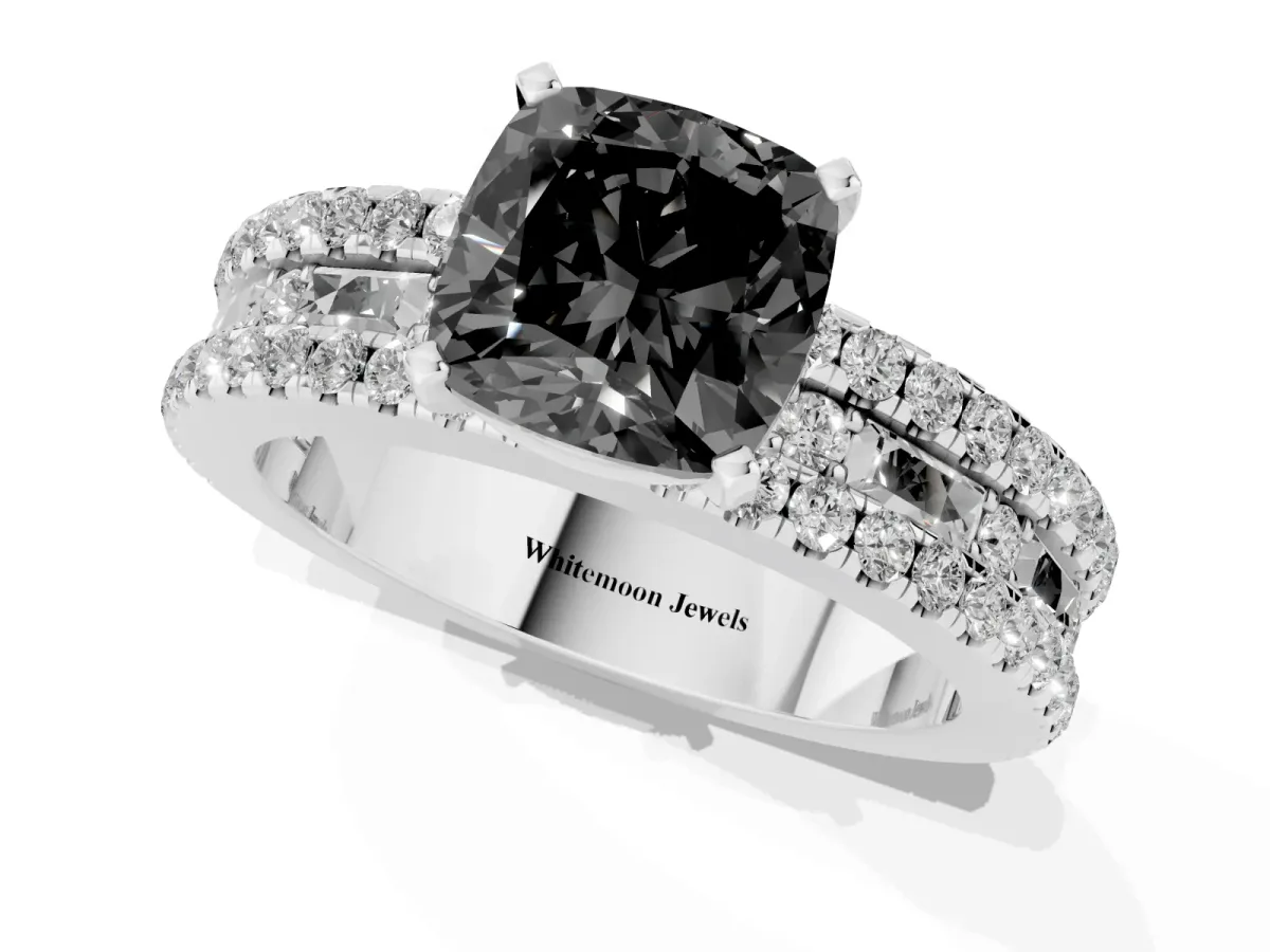 Fancy Black Cushion Cut Diamond Solitaire Ring with Pavé and Channel Set Band Silver