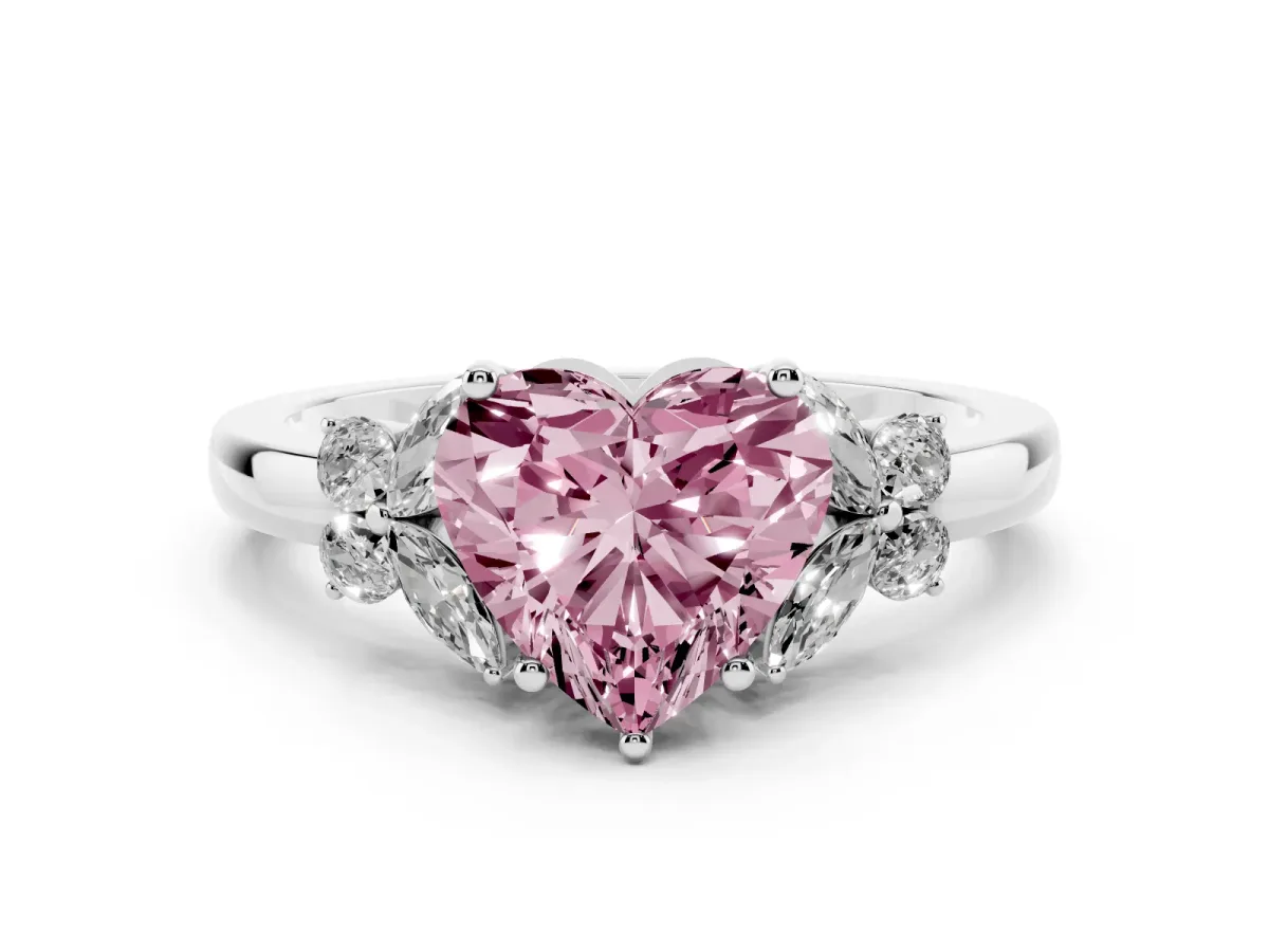 Fancy Pink Heart Cut Cut Solitaire Floral Diamond Ring with Four-Prong Setting Silver