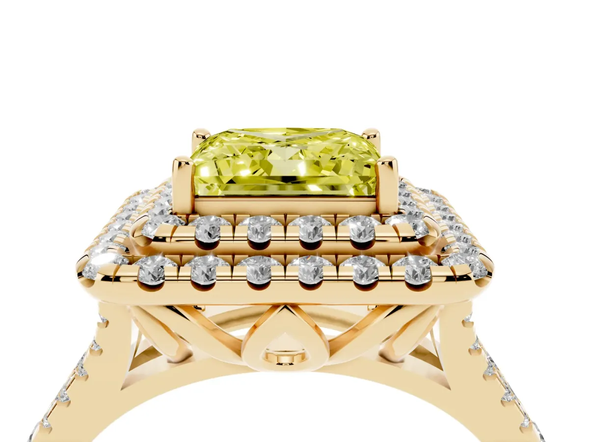 Fancy Yellow Double Halo Princess Cut Diamond Pavé Split Shank Ring with Prong Setting Yellow gold