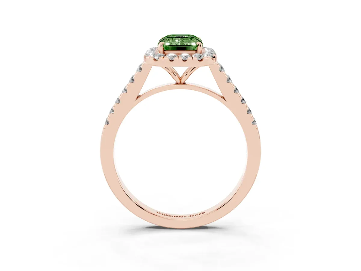 Fancy Green Emerald Cut Halo Pave Diamond Engagement Ring with Four-Prong Setting Rose gold